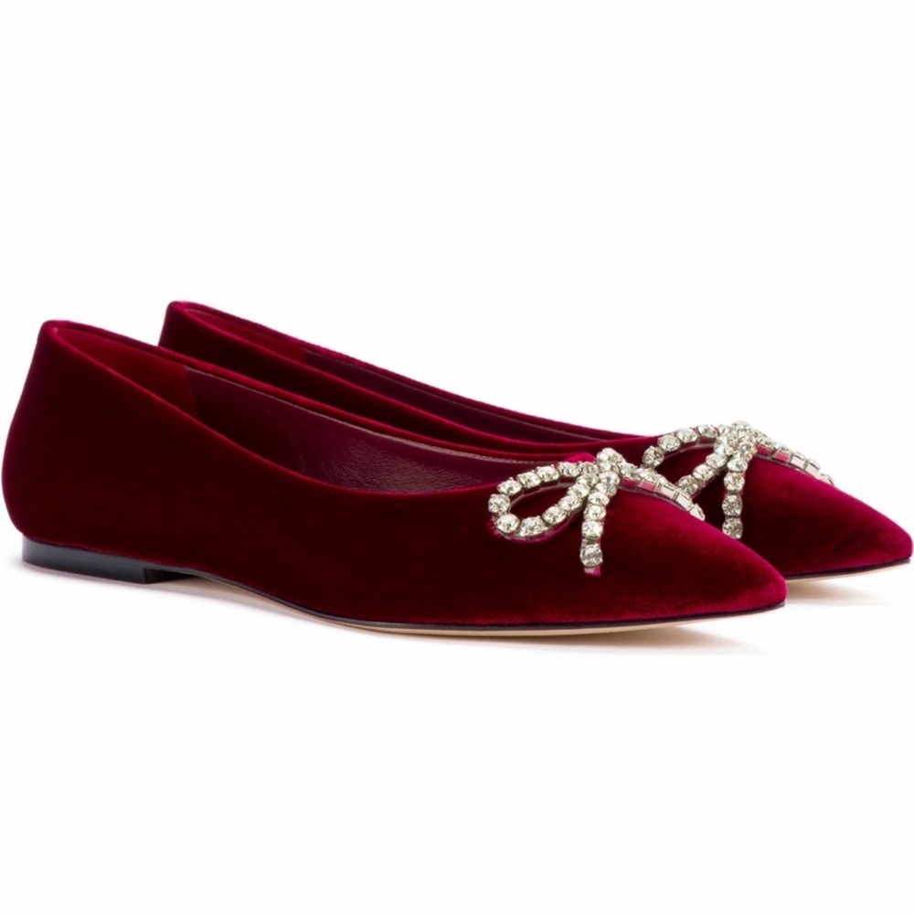 Larroude Crystal-Embellished Bow Velvet Lee Flats in Wine Size 9.5 worn once